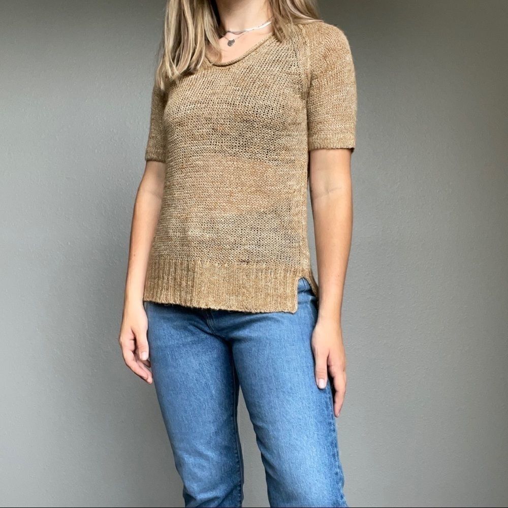 Vintage J Crew Linen Scoop Neck Tan Brown Knit Short Sleeve Sweater Tee Sz S